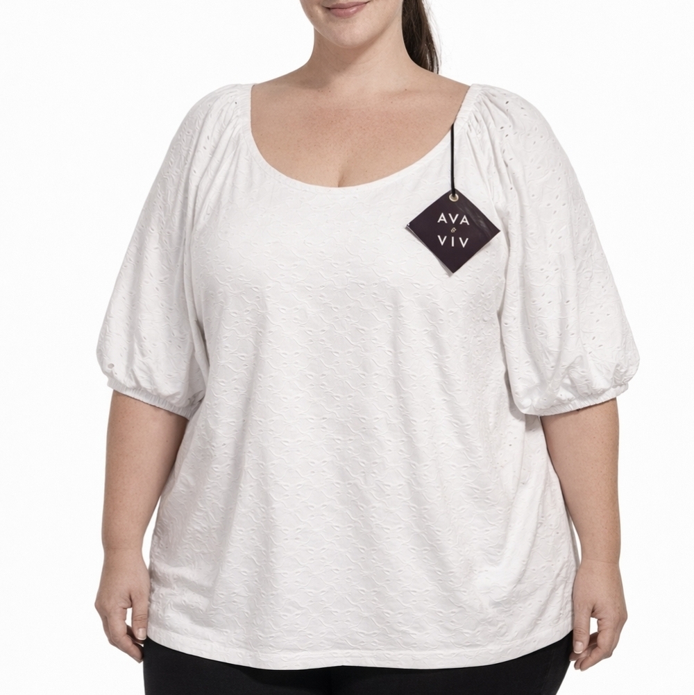 Ava & Viv White Eyelet Blouse Size 2X Puff Sleeve Scoop Neck Stretch Cotton Line